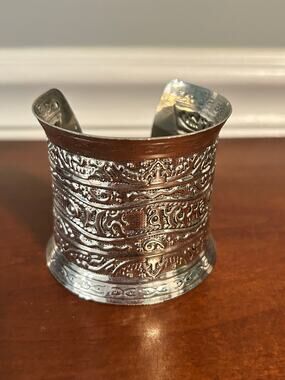 Vintage Tibetan Silver Tone Open Cuff Bracelet Embossed Buddhist Script Boho